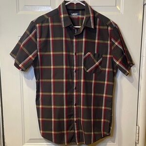 Tony Hawk Men’s Short-Sleeve Plaid Button down Shirt - Brown/Red/Yellow Medium